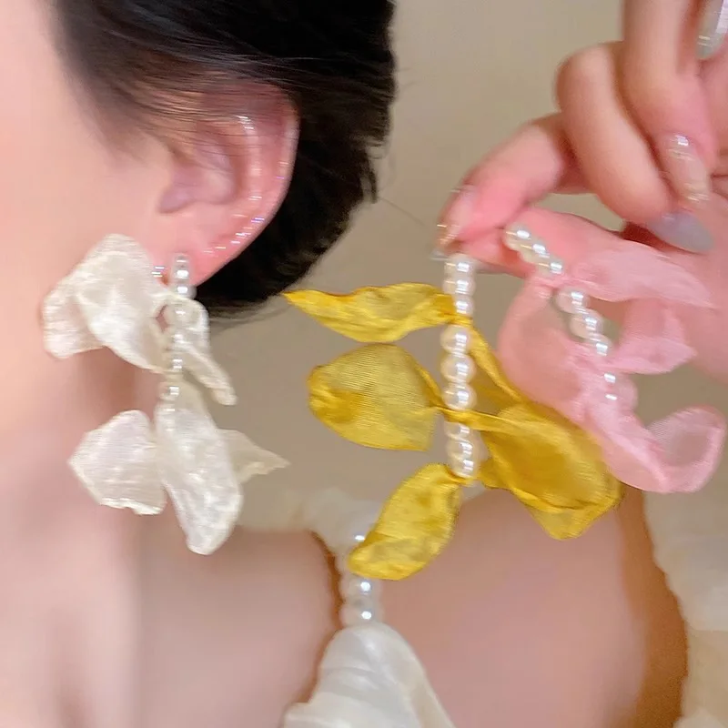 Pearl Flower Drop Earrings Oversized Resort Spring Elegant Unique Lightweight Silver Tone Alloy Dangle Jewelry for Women