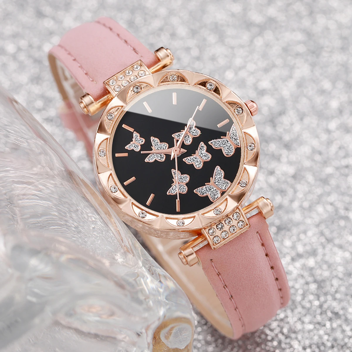 6pcs/set Fashion Butterfly Dial Women Watches Rhinestone Leather Band Quartz Watch Pearls Butterfly Jewelry Set(Without Box)