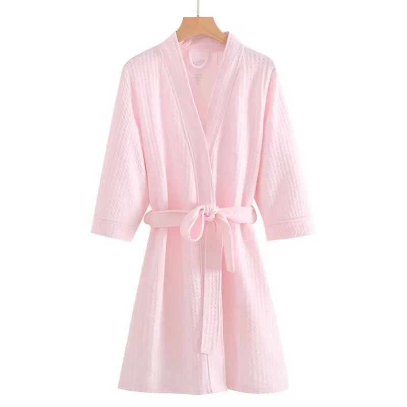 Robe Spring and Autumn Long Sleeves Sleepwear Waffle Casual Loose Couple Pajamas V-neck Sexy Nightgown Unisex Solid Color Women