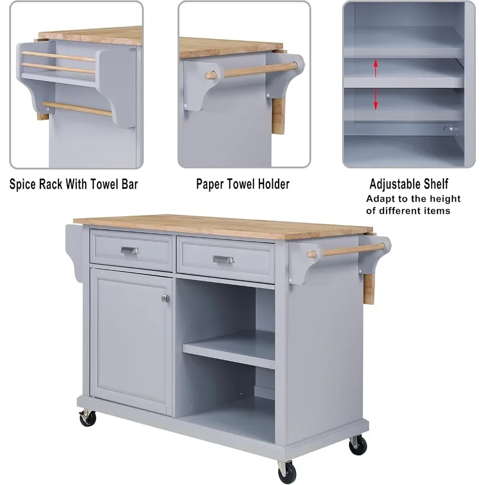 Mobile Kitchen Island on 5 Universal Wheels, Greenguard Gold Certified, Stationary Storage Island with 5 Wood Cabinet Feet