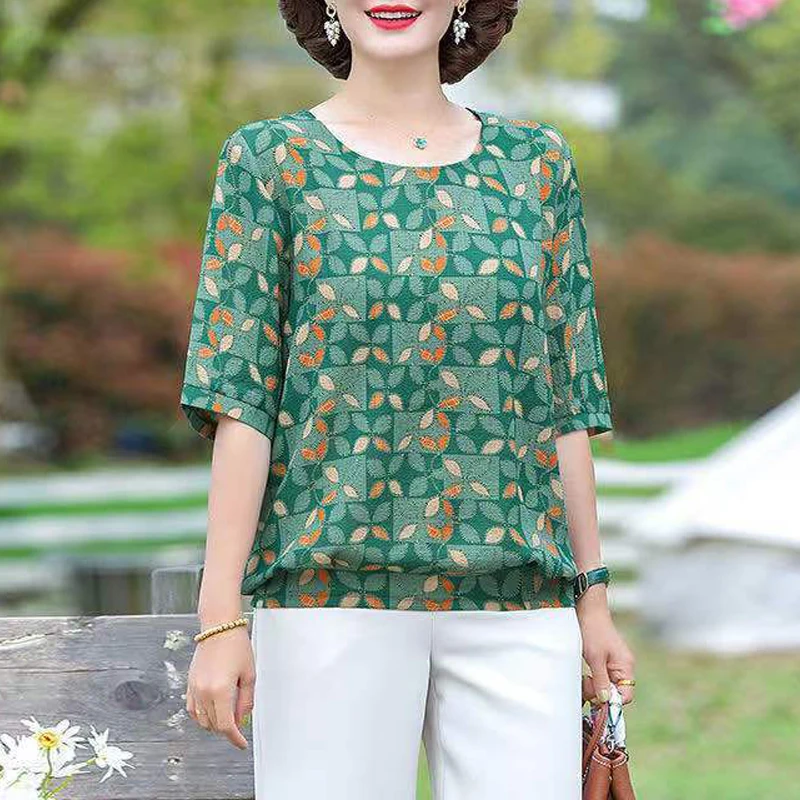 Women Clothing 2023 Summer Floral Print Vintage Elegant T-shirts Korean Fashion Round Neck Short Sleeve Casual Loose Ladies Tops