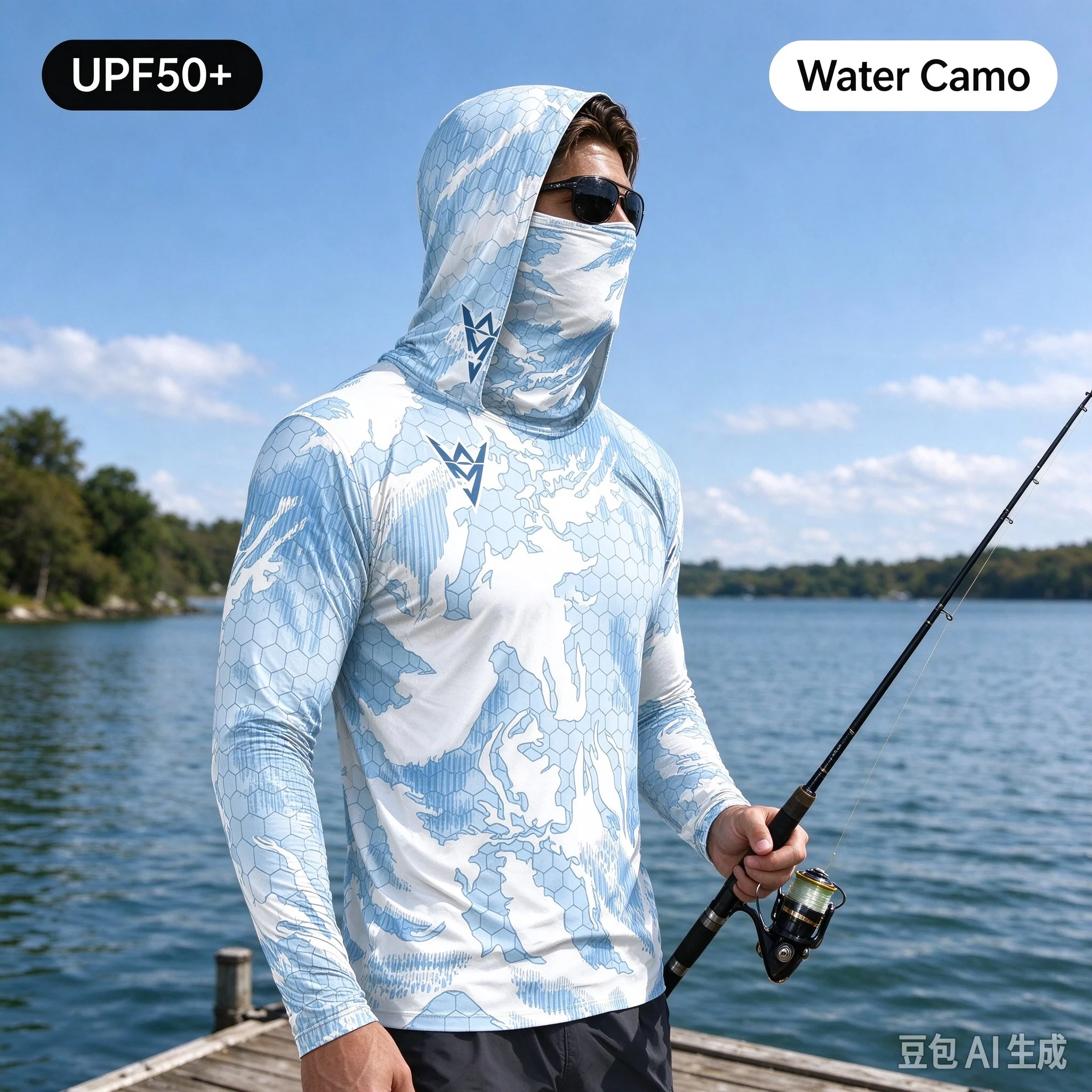 Mens Fishing Hooded Shirt UPF50 Sun Protection Face Cover Long Sleeve Light Blue Camo Print Quick Dry Outdoor Beach UV Shield