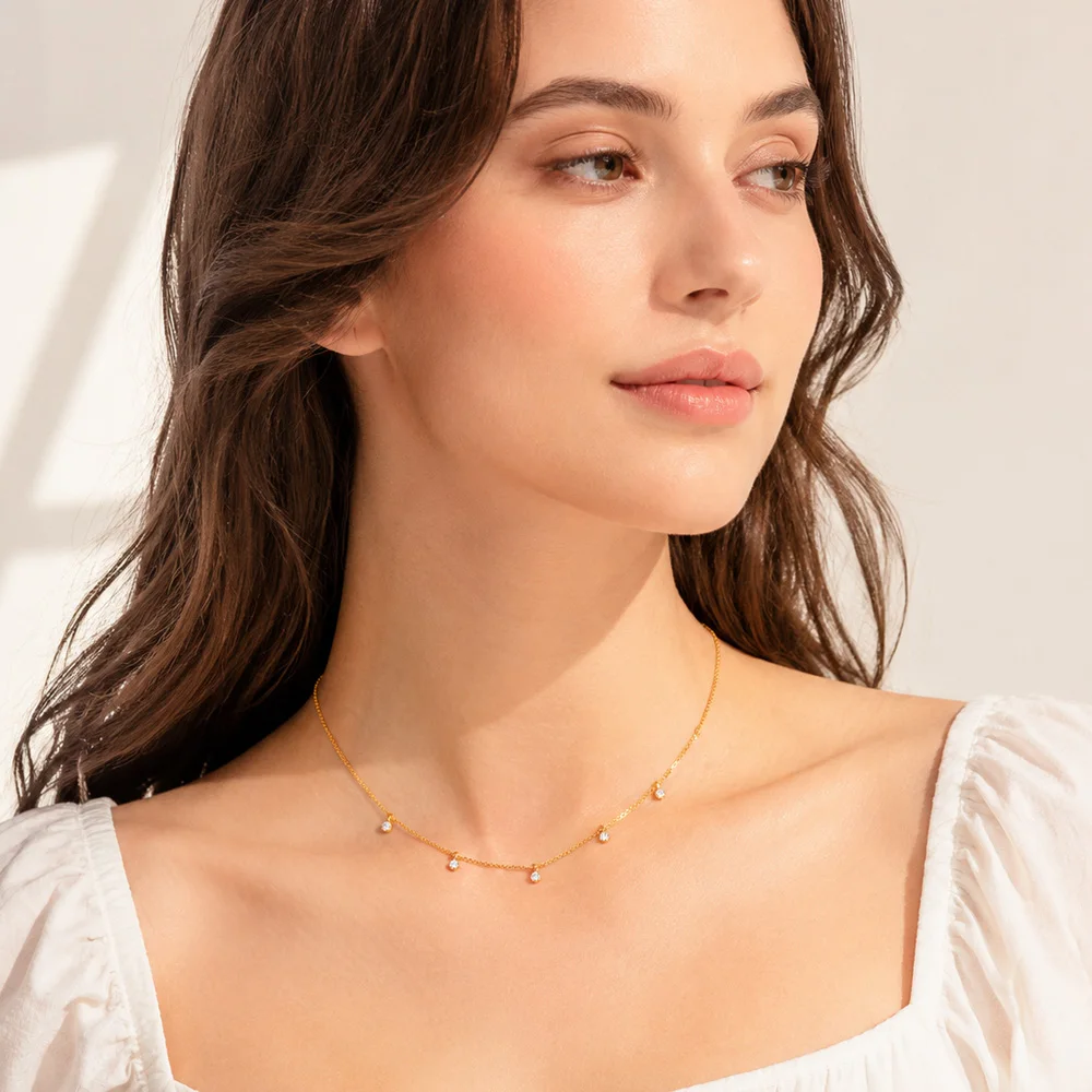 Gold Link Chain Necklace White Stones Fine Jewelry Europe 925 Stering Silver 2023 Brand New Trendy Gift For Women