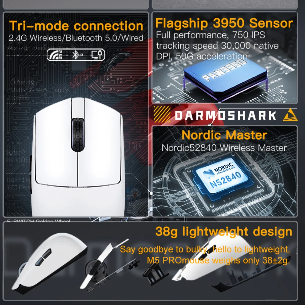 Imagem -03 - Darmoshark m5 Pro Mouse Paw3950 sem Fio 8k Bluetooth Conexão Tri-mode Gaming Macro Mouse 30000dpi N52840 38g Leve