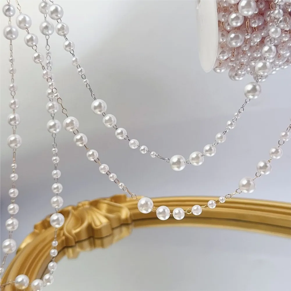 1meter 3-8mm Faux Pearl Beading with Brass Link Chain for Jewelry Making DIY Bracelet Necklace Sewing Crafts Supplies Findings view 2
