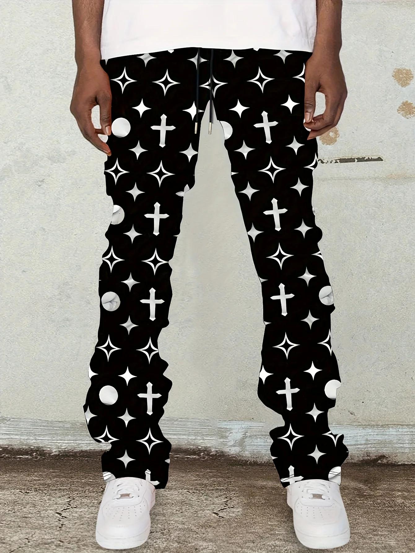 Pantalones acampanados ajustados para hombre: pantalones de longitud completa con patrón entrecruzado en blanco y negro, cintura con cordón, P para correr no elástico