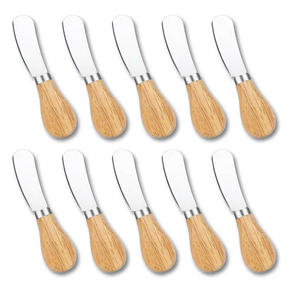 TFTP-10Pcs Cheese Spreader Knives, Mini Butter Knife Spreader With Wooden Handle, Stainless Steel Cheese Knife Set