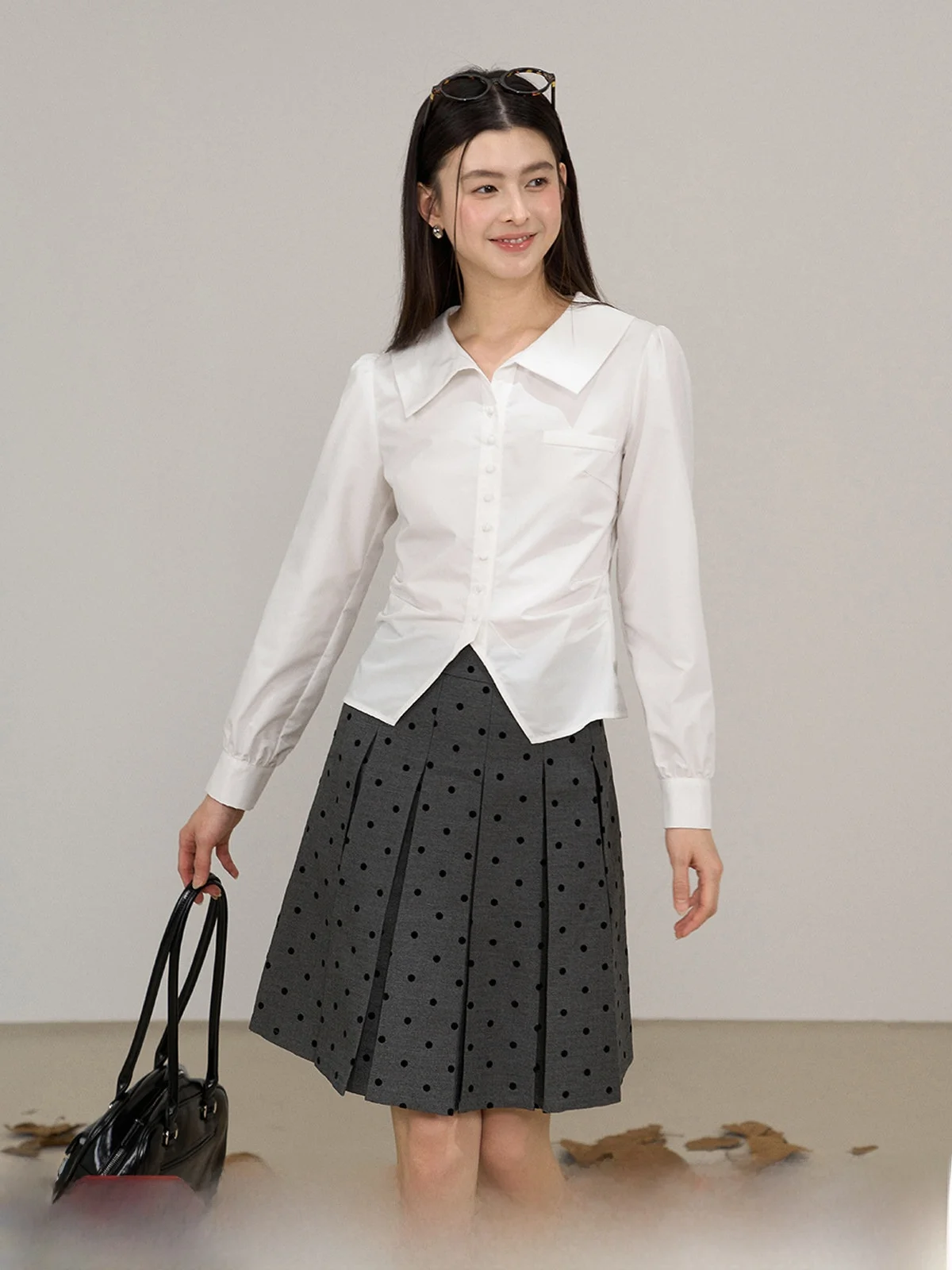 

Ele White Thin Waist-Cut Long Sve irt for Women Flip-Collar Spring New Sle Inner And Outer Wear French Sle irt