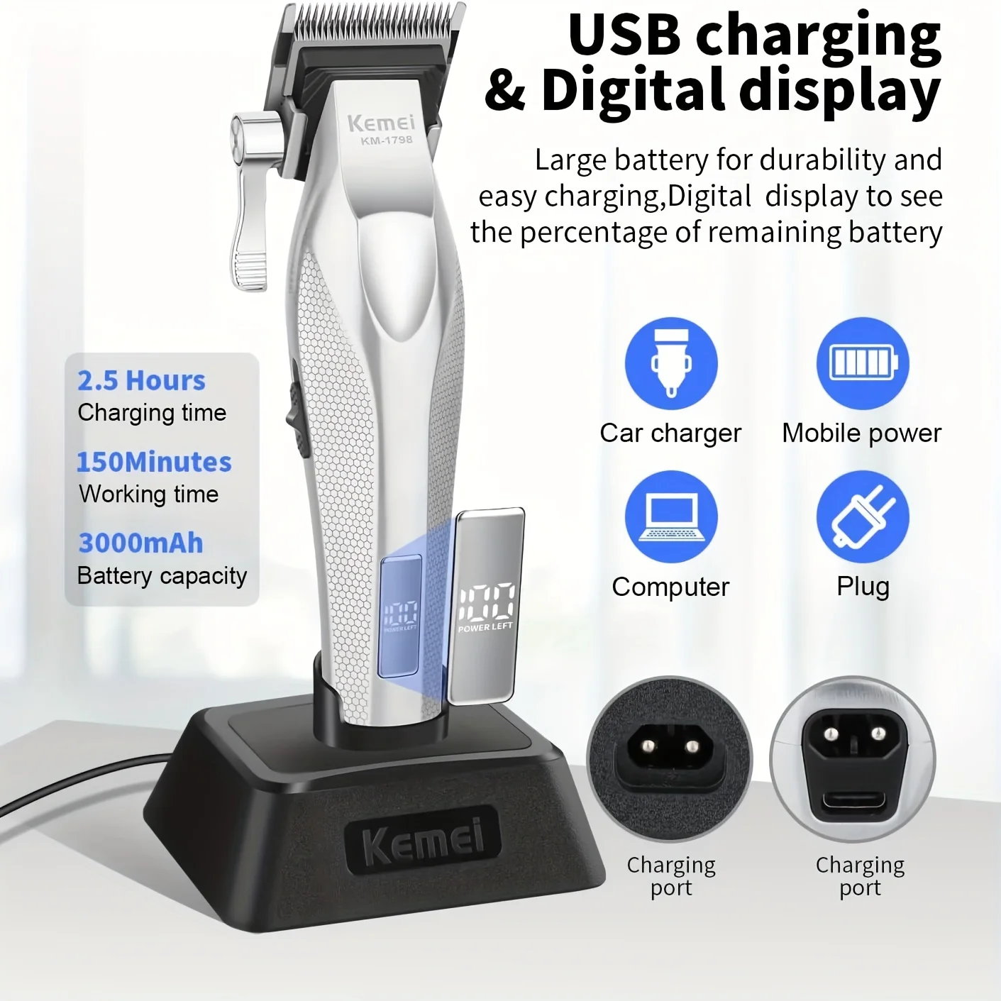 Kome KM-1798 Elektrische graveerschaar met basis Hoge snelheid Lange batterijduur Digitale display Tondeuse voor mannen