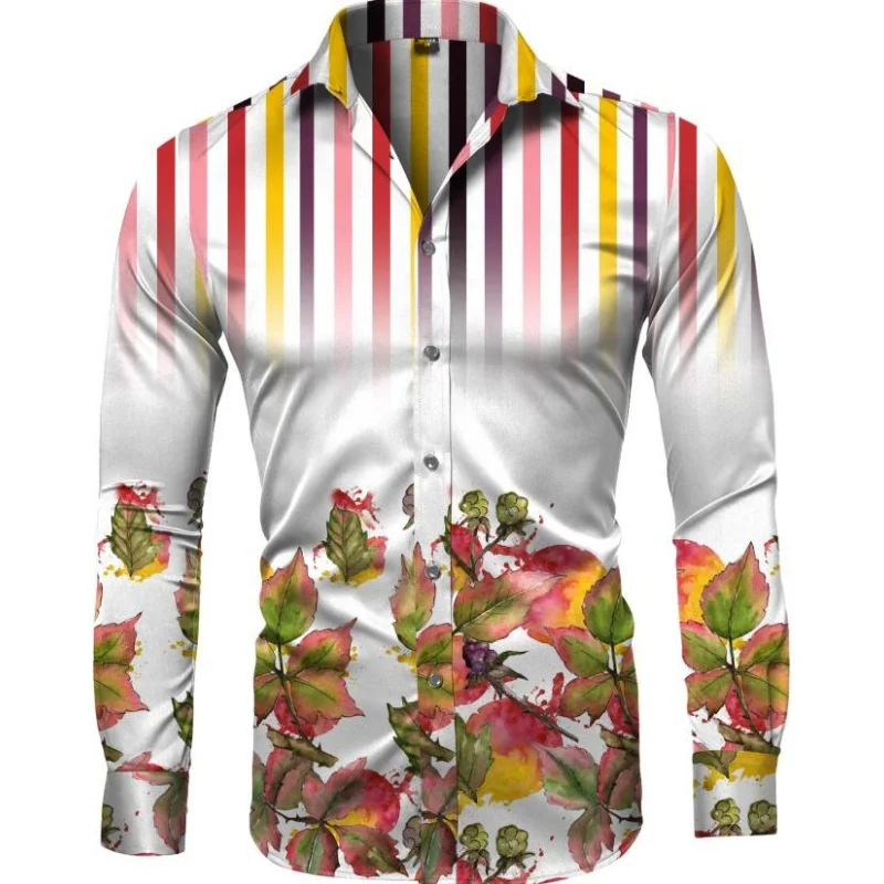 

Fashion Lrregular Plaid Flower Print Men's Long Sleeve Shirt Casual Party Street Hawaiian Polo Collar Shirt Retro Trend Male Top