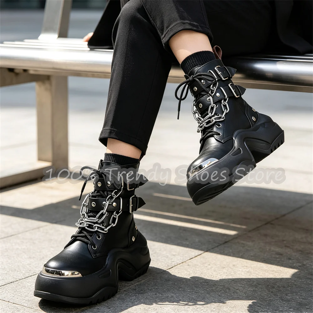 Women Chunky Bottom Platform Ankle Boots Punk Metal Chain Buckle Strap Lace Up Motorcycle Boots Lady Streetwear Footwear Shoes