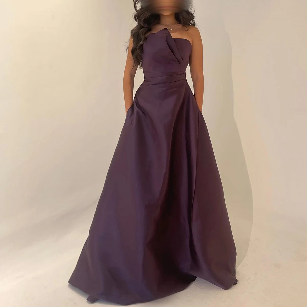 Classic Pleats Pockets Strapless Evening Dresses Temperament A-Line Satin Purple Custom Size Prom Gowns فساتين سهره نسائيه فخمة