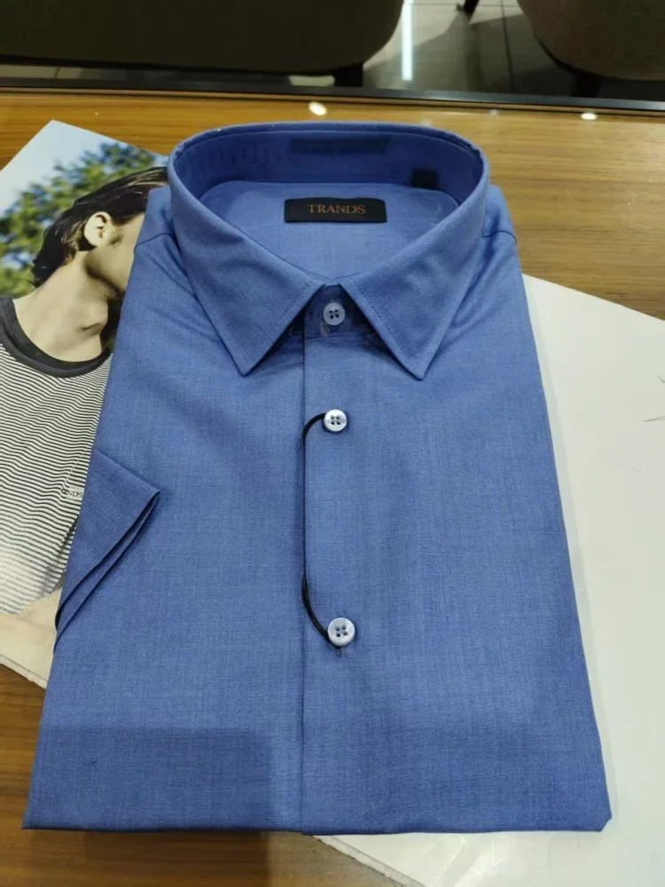 

Мужская рубашка с коротким рукавом, класса люкс, деловая, формальная, из шелка 6А, синего цвета, приталенная, дышащая, для повседневной носки, летняя