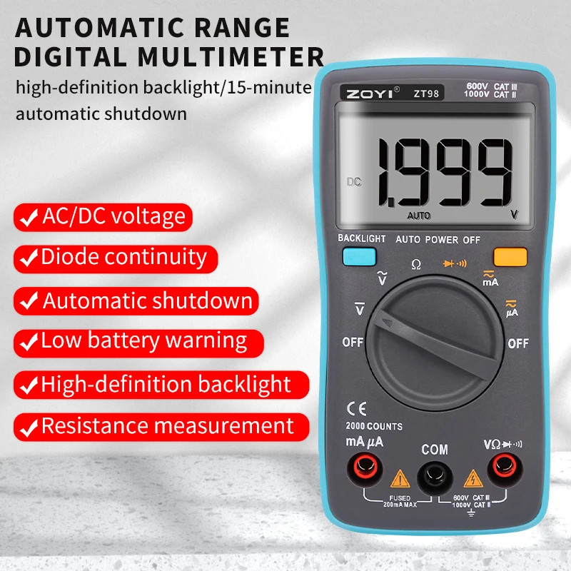 

ZOYI Digital Multimeter ZT-98 Auto Range AC and DC Voltage Current Resistance On-off Buzzer Backlit Electrical Instrument Tester