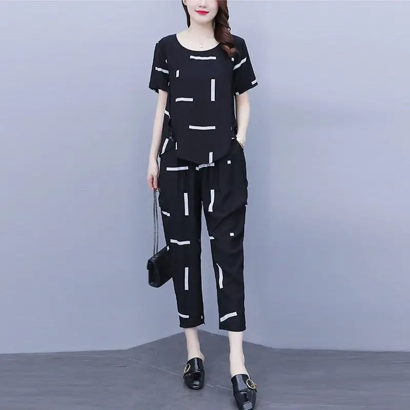 Summer New Fashion Ladies Suits High Street Round Neck Short Sleeve T-Shirts and Elastic Waist Pocket Solid Color Haren Pants