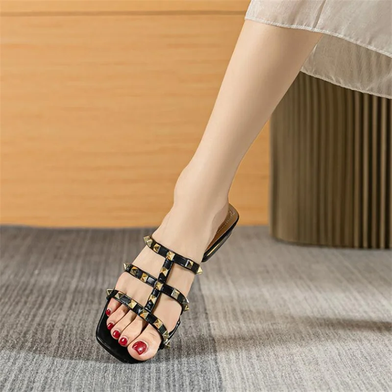 Summer Low Heel Women Rivets Sandals Thin Ribbon Fashion Korean Design Girls Shoes Large Size Wear Slippers Free Delivery