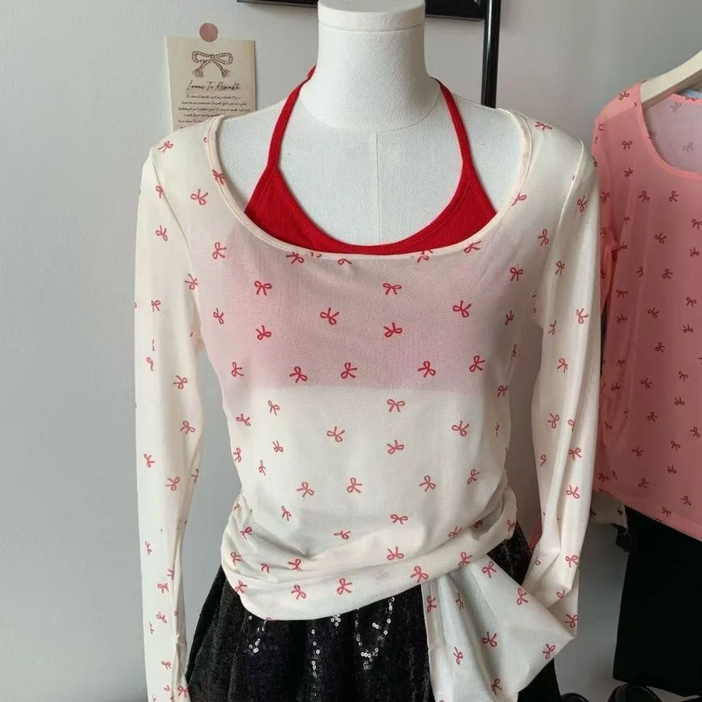 Sweet Bow Print Off Shoulder Blouse Mesh Slim Fit Sheer Shirt Sun Protection Long Sleeve Y2K Beach Tops