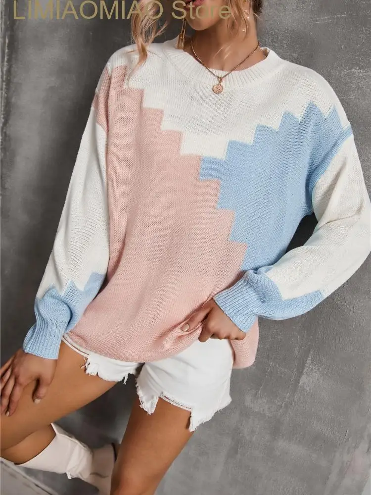 New Fashion Women Sweaters Autumn Winter Stitching O-neck Knit Pullover Long Sleeve Sweater Tops Womens Clothing Knitwears