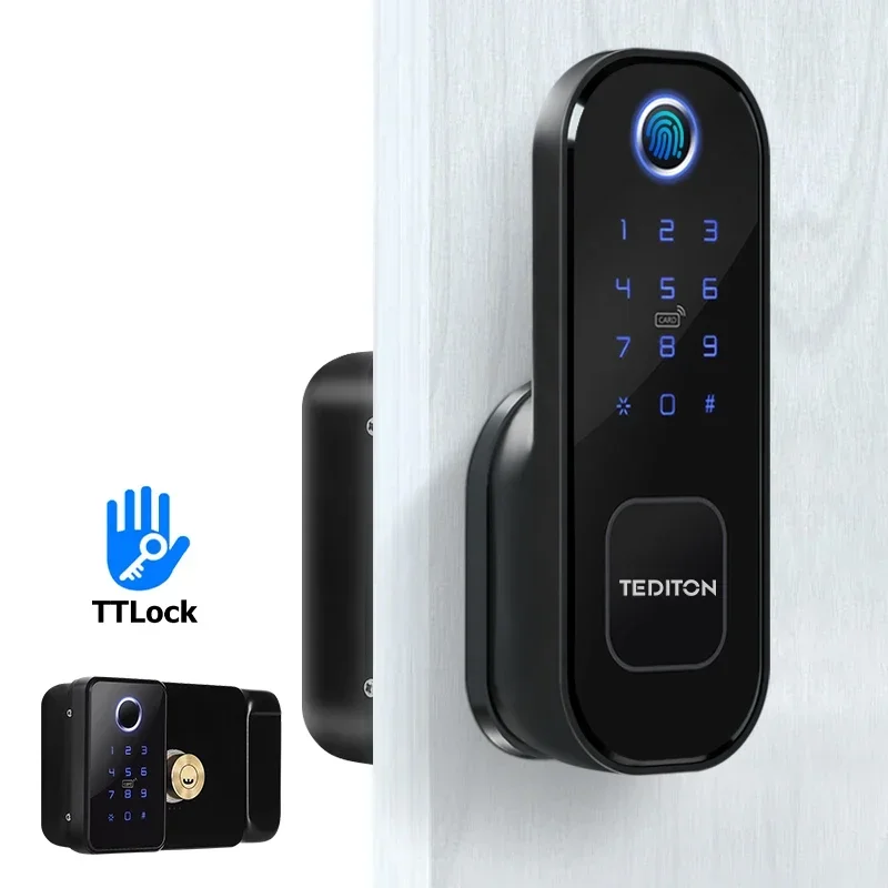 

Tediton Biometric Fingerprint Passcode RFID Door Handle Lock Waterproof Double Side dual fingerprint digital door lock for grill