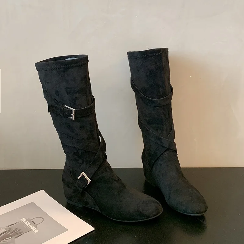 Women Vintage Suede Slouch Mid Calf Boots Invisible Wedge Heel Cross Belt Buckle Shoes Autumn Winter Ladies Western Cowboy Boots view 6