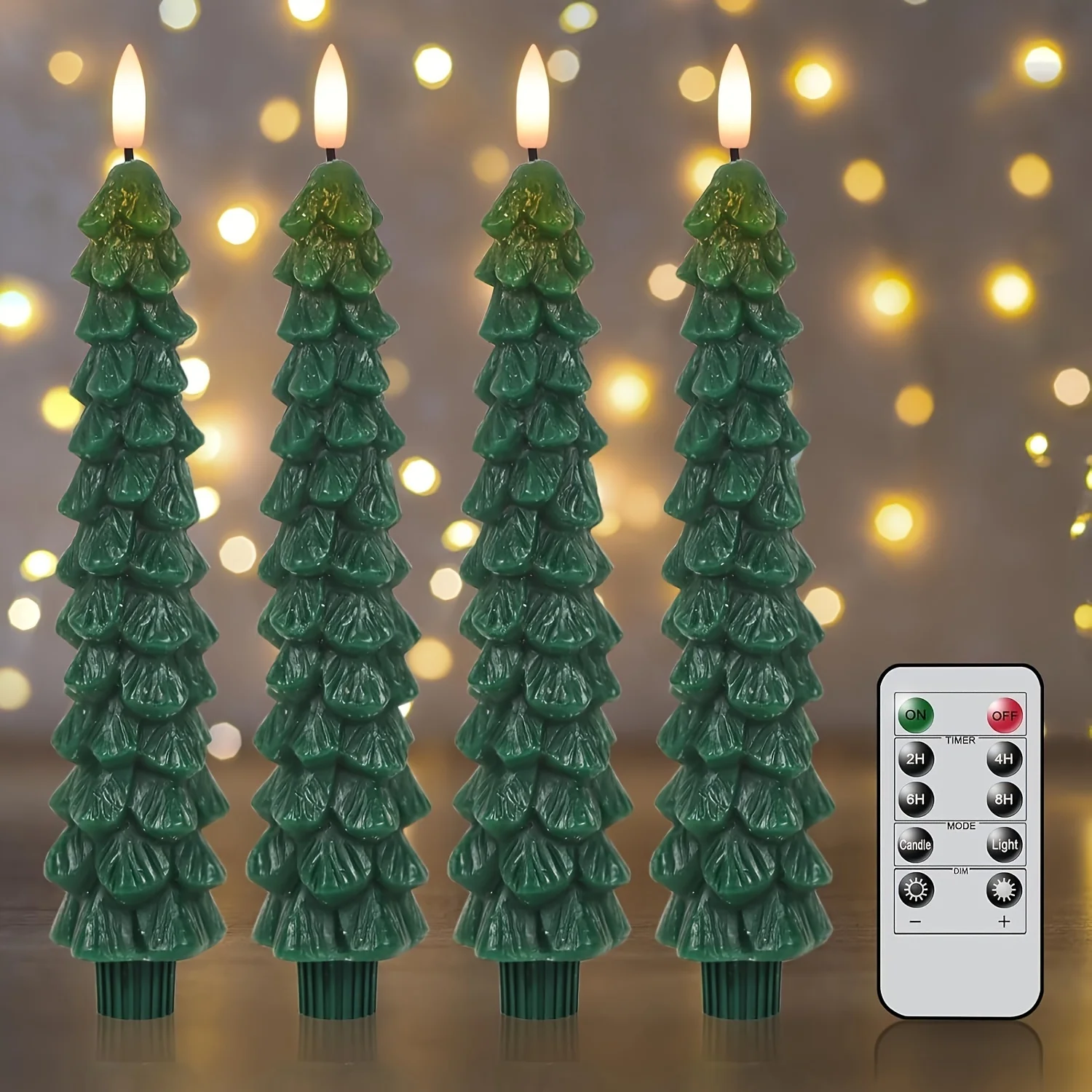 

4 Realistic Flameless Christmas Tree Candles with Remote Timer 3D Flickering LED Green Warm Light for Holiday Decor