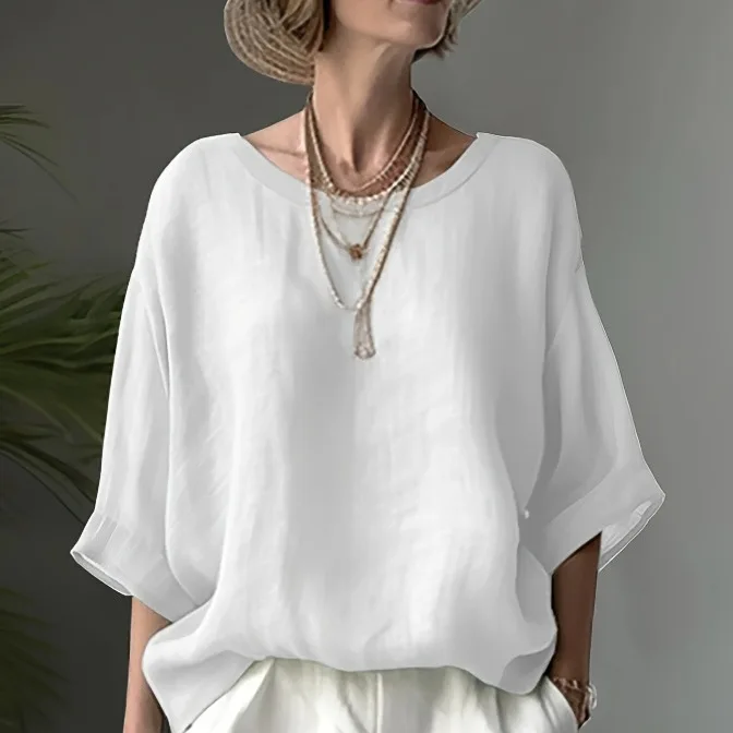 

2026 Women Tops Round Neck Half Sleeve Loose Fit Pullover Top Pure Color Soft Fabric Casual Blouse Spring T-shirt