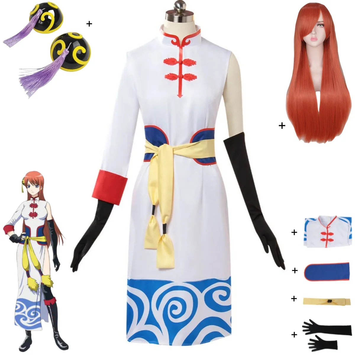 Anime GINTAMA Kagura Cosplay Costume Leader Chinese Style White Cheongsam Dress Wig Headwear Woman Sexy Carnival Christmas Suit