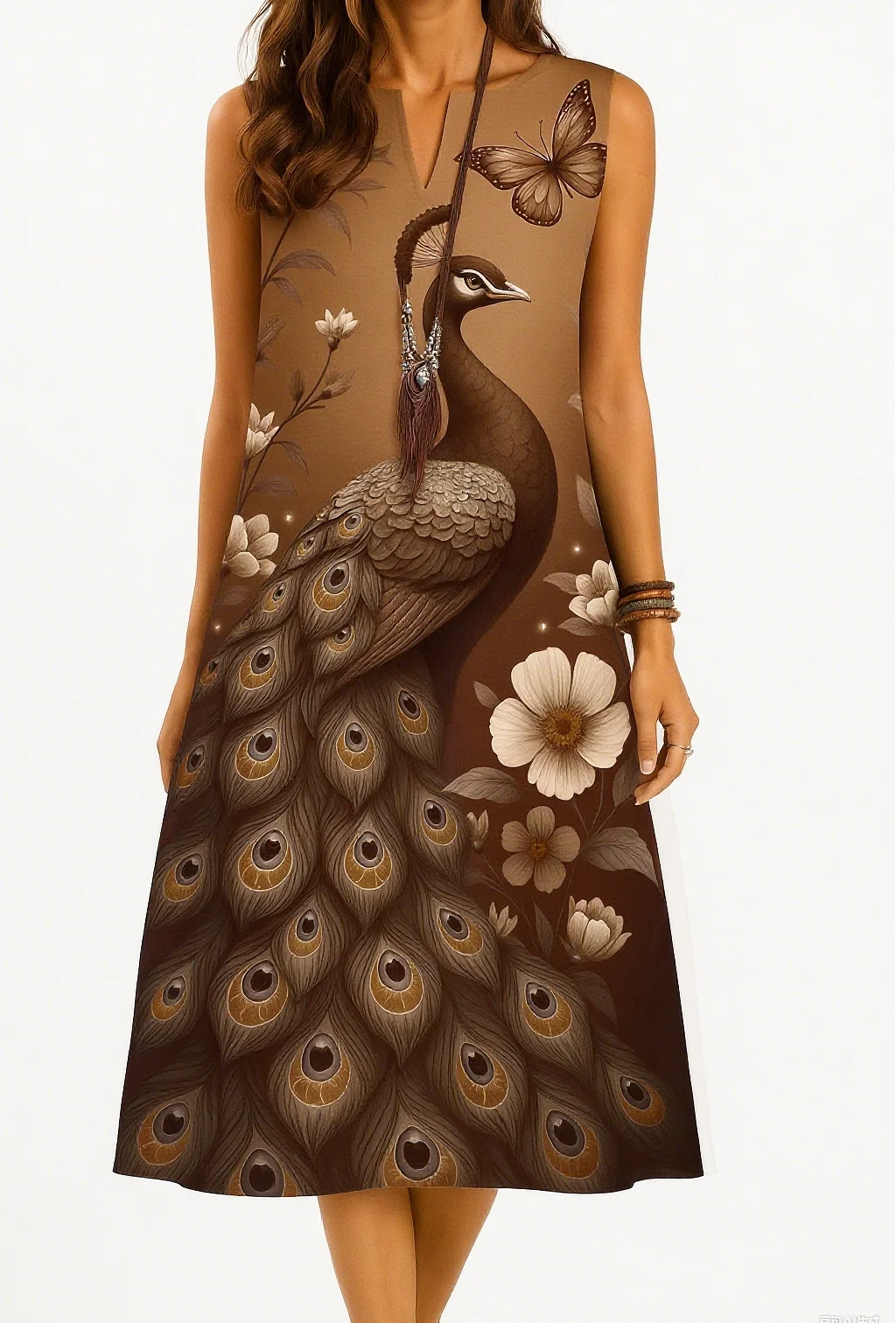 Kurt women's fashionable and elegant long sleeved straight tube casual V-neck peacock pattern luxurious new dress2026