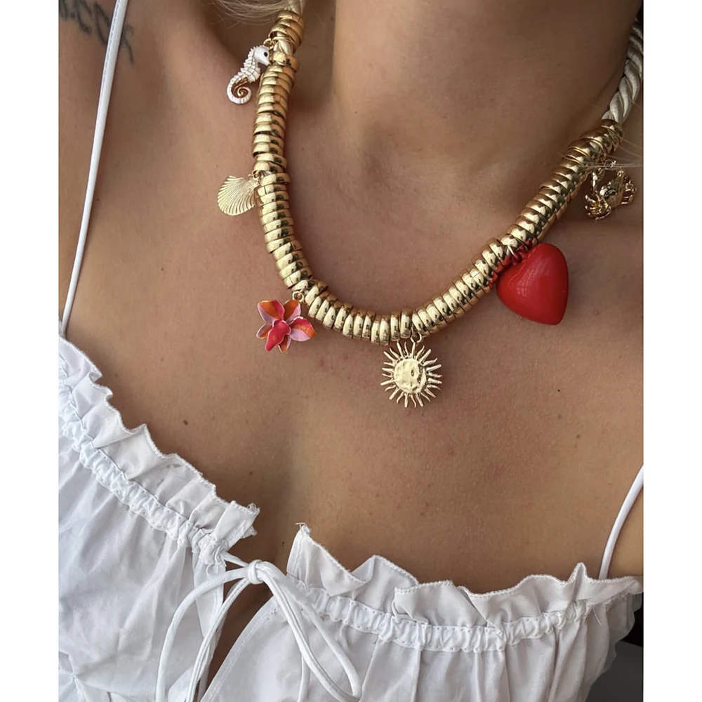 

Fashion Bohemian Rope Braided Handmade Necklace Love Heart Moon Pendant Charms Accessories Popular Jewelry