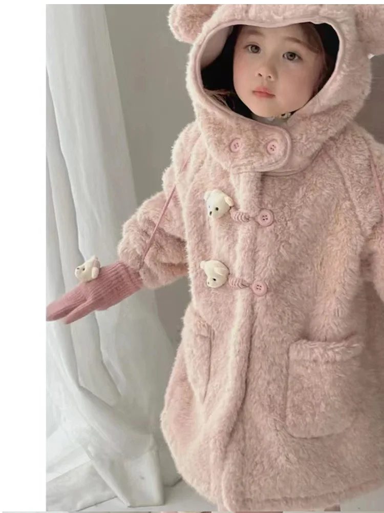 Autumn Winter 2024 Korean Kid Girl Velvet Coat Hooded Solid Hairy Pocket Warm Cartoon Baby Girls Jacket Children Girl Outerwears