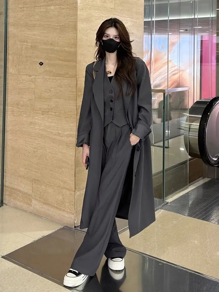 2-A5 Loose high-end suit for women in autumn big-name solid color single-breasted ide-leg pants three-piece set women's coat wi