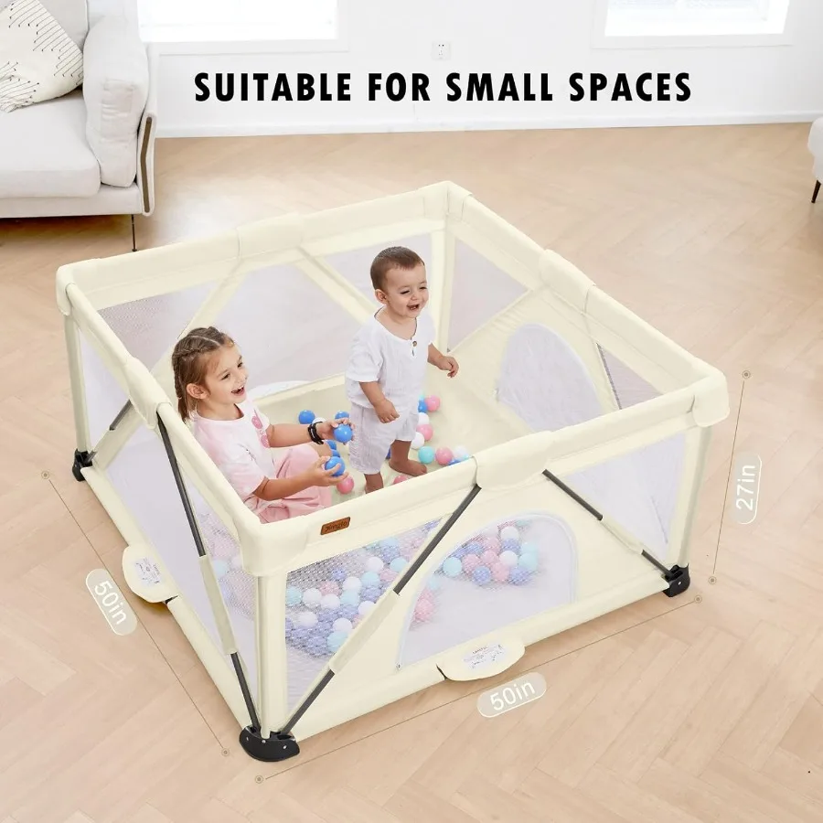 Baby Playpen Foldable Playard for Babies and Toddlers Portable Playpen Activity Center with 50 Balls+2 Handles for Travel Indoo