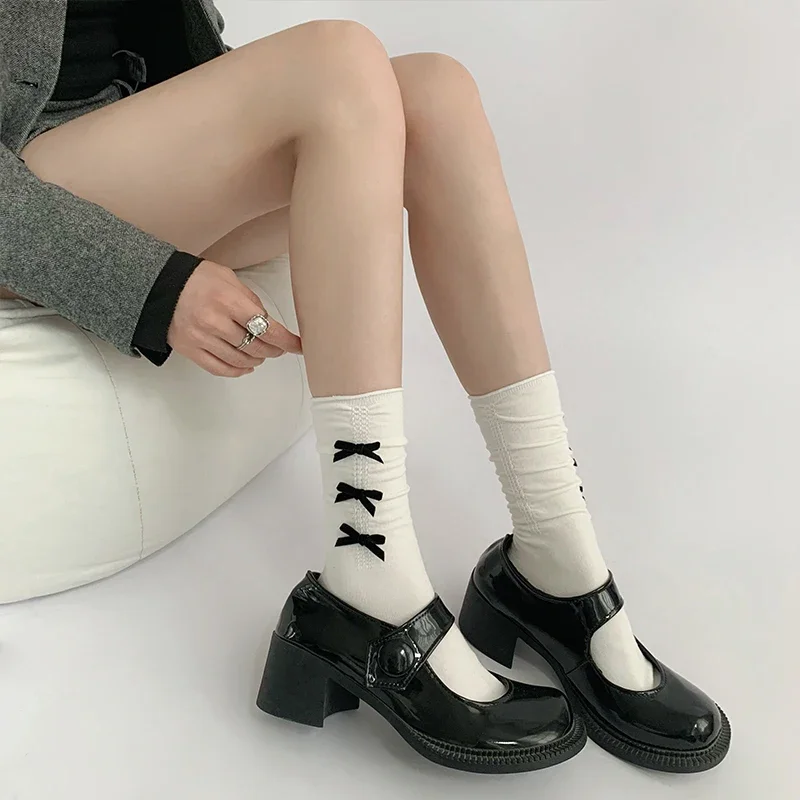 

Black White Socks Women Sweet Girls Velvet Bowknot Cute Princess Socks Japanese Style Solid Color Lolita Kawaii Cute Long Socks