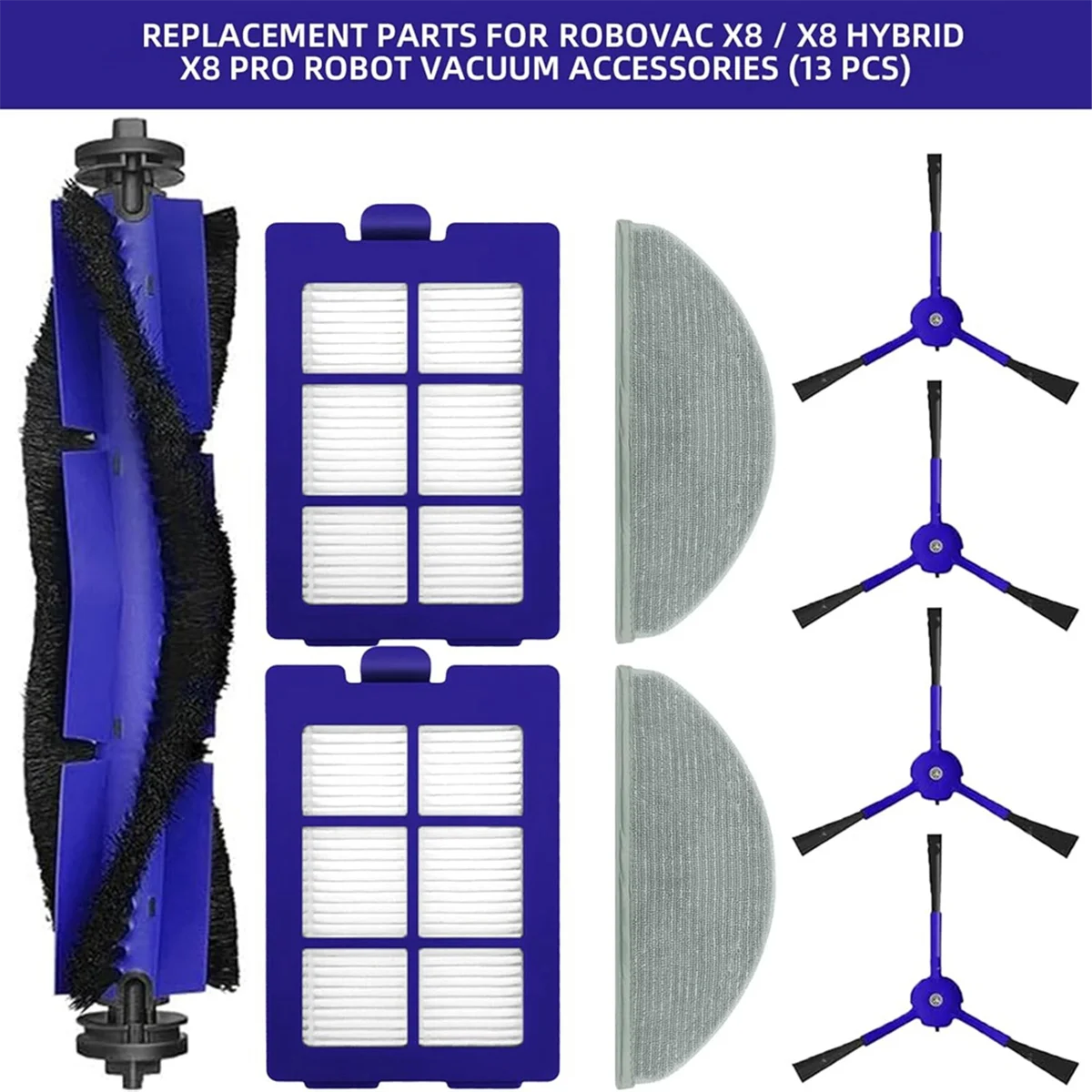 ABKR 10 шт. для гибридного пылесоса Eufy RoboVac X8 и X8, аксессуары, основная боковая щетка, HEPA-фильтр, ткань для швабры
