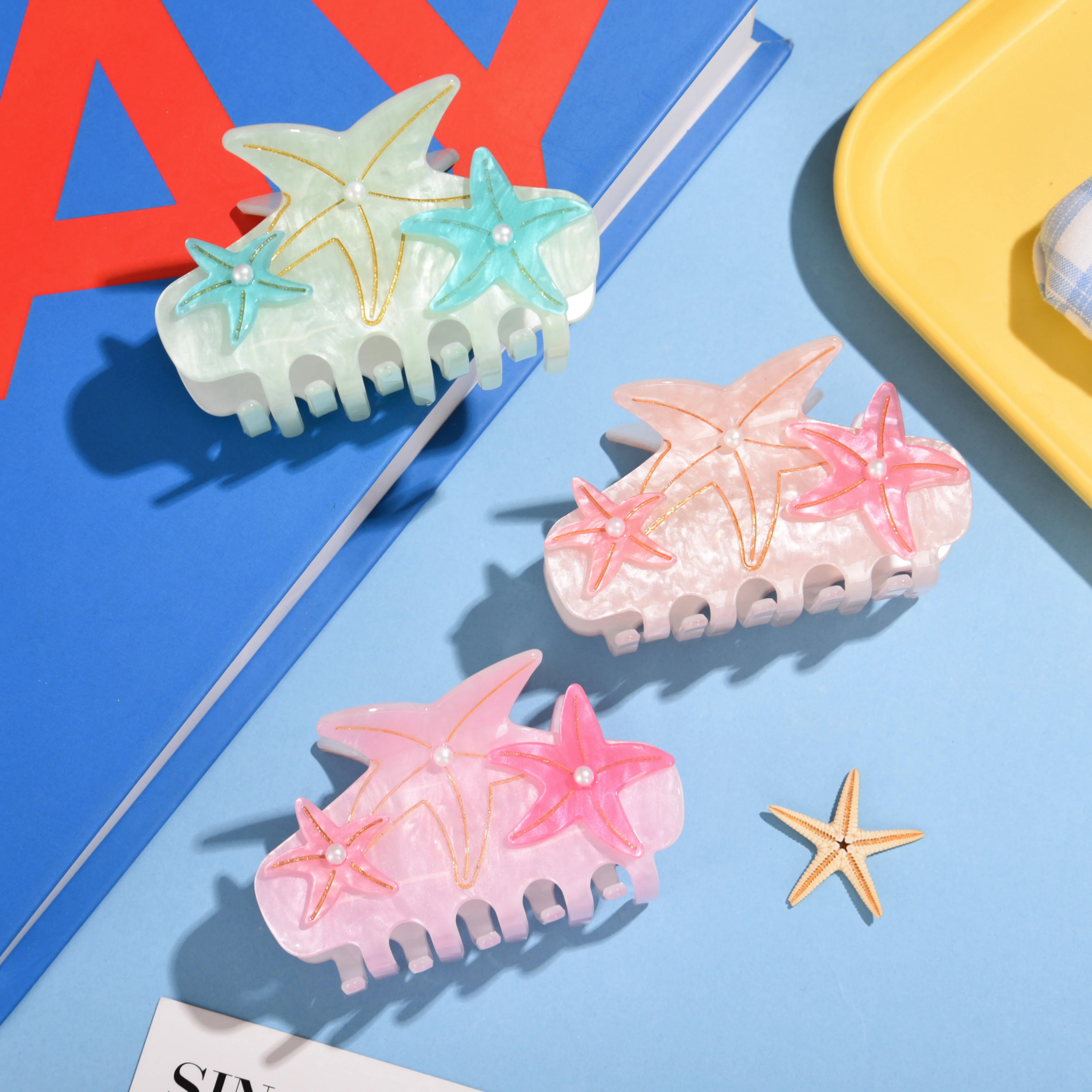 2025年新作 8.5CM パールヒトデ アクリルヘアクリップ オーシャンシリーズ クロークリップ ビーチ トレンド ヘアクリップ レディース ガールズ ヘアアクセサリー
