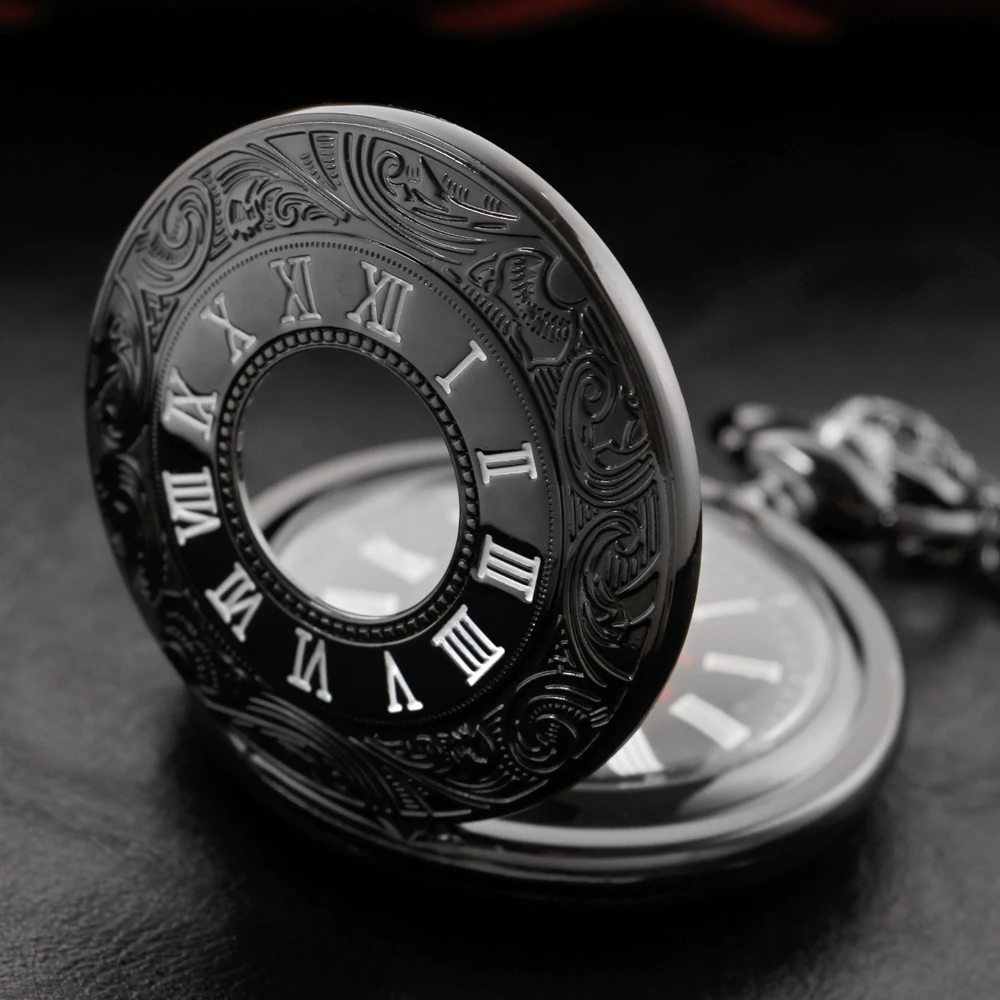 Orologio da taschino al quarzo classico retrò nero con numeri romani vuoti, mini orologio con pendente per collana per regali di festa per uomini e donne
