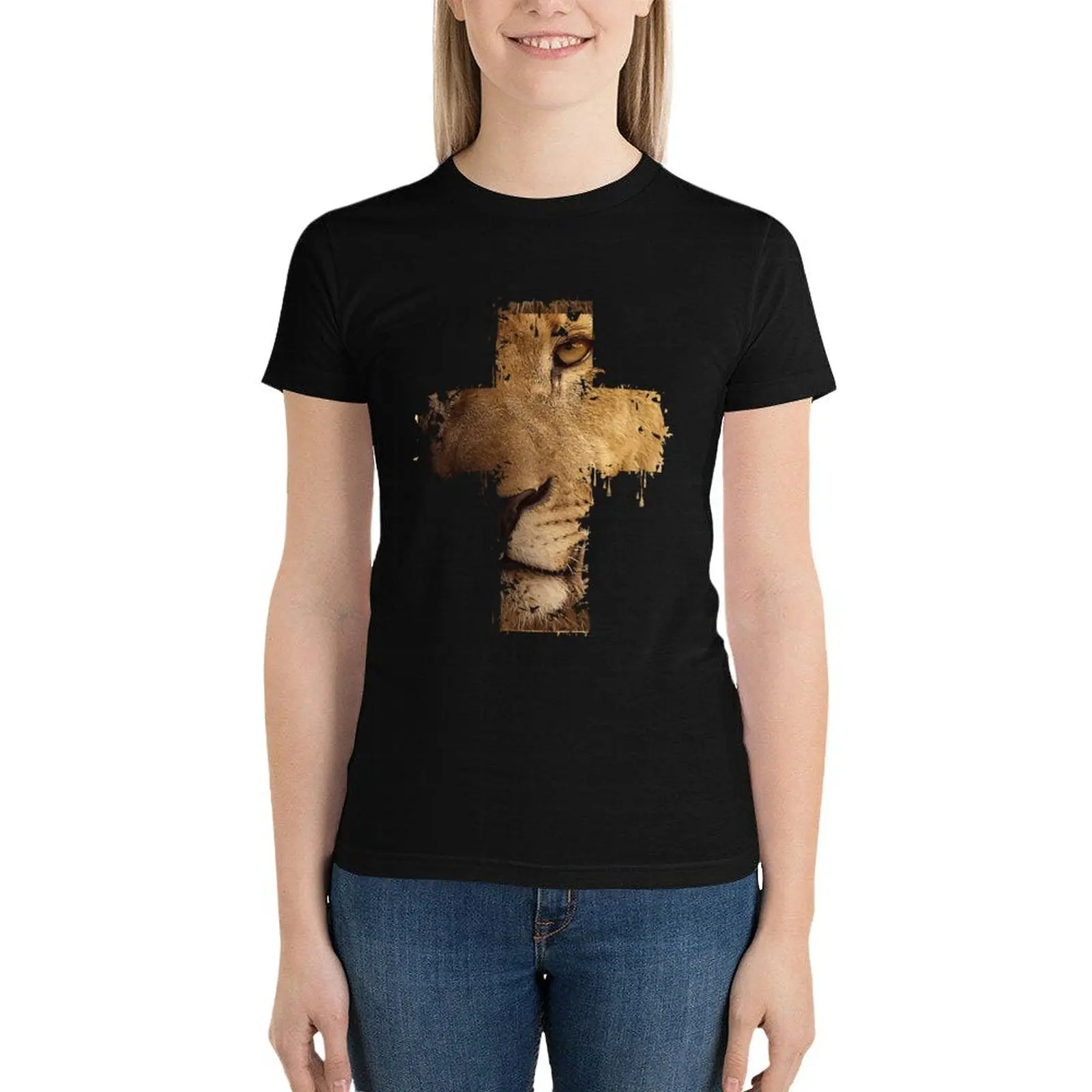 Lion Cross Christian T-Shirt animal print shirt for girls vintage clothes ariat shirts for Women