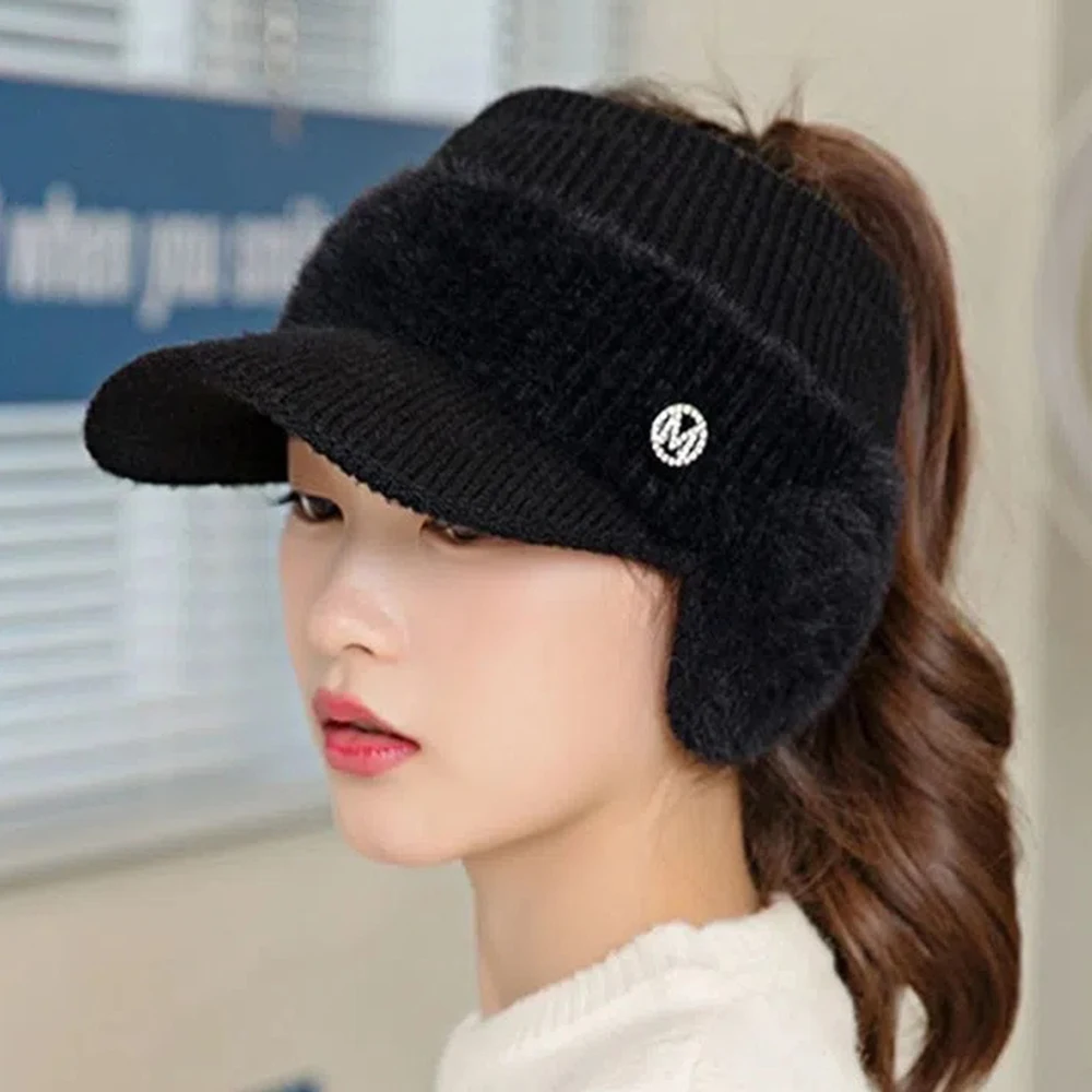 Knit Baseball Cap with Earmuff Soft Touch Fabric Windproof Plush Hat for Outdoor Sports Riding