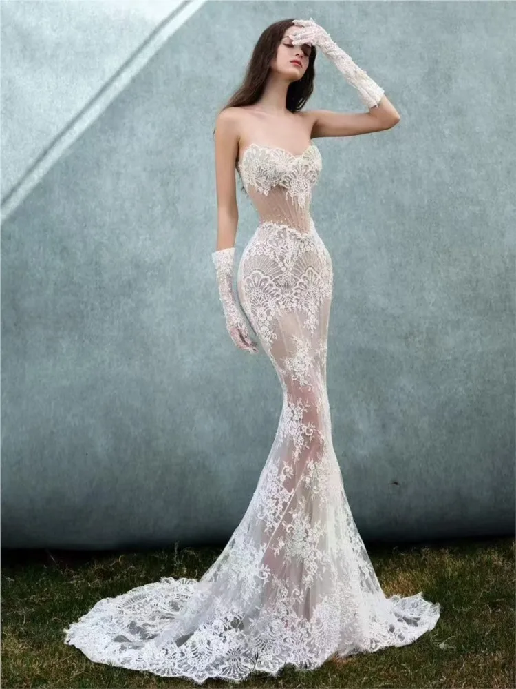 Strapless lace-textured high-end custom-made fishtail chiffon dress for going out with a small tail