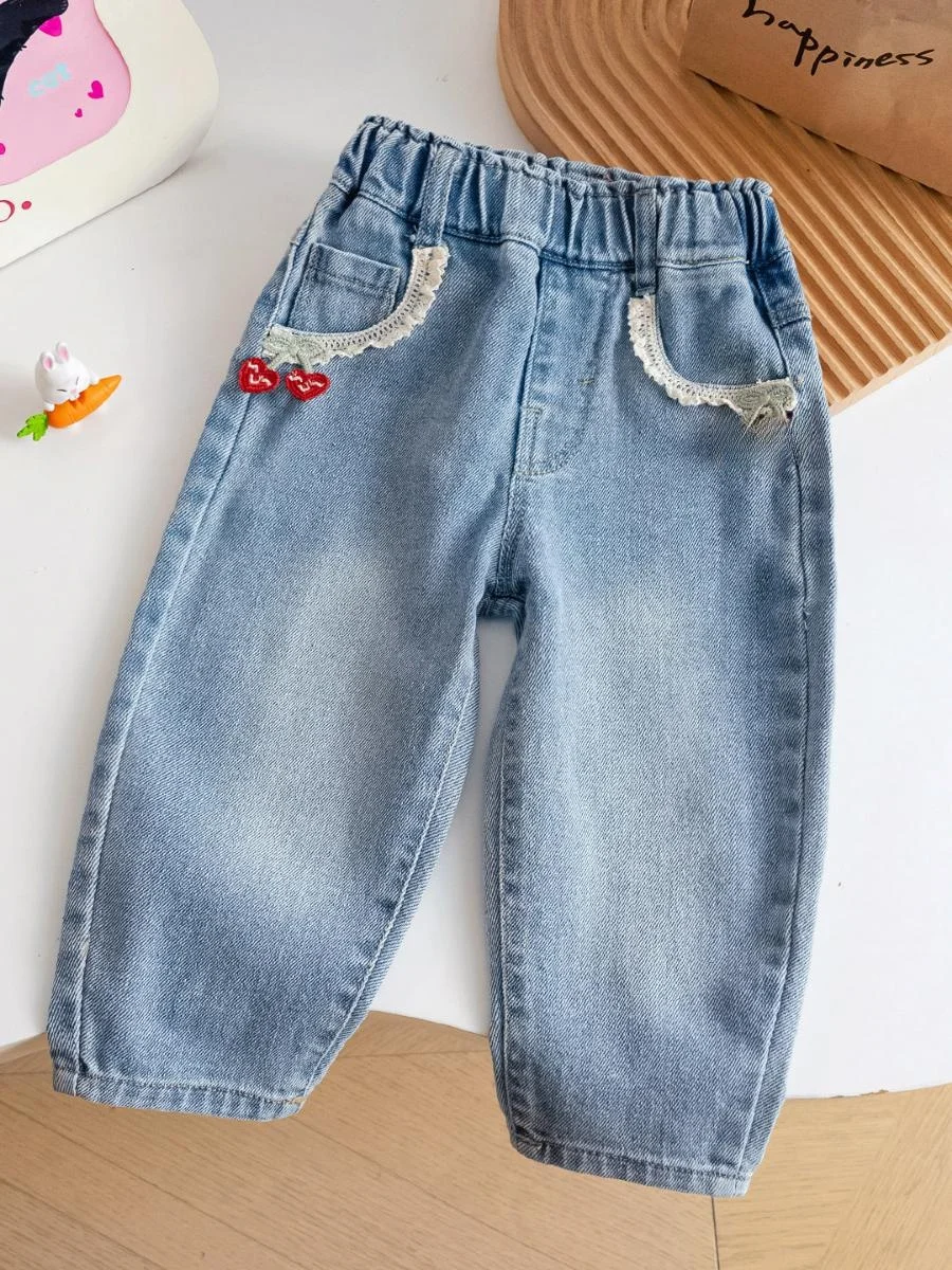 

Girls Straight Leg Jeans Spring Autumn New Style Lace Trim Cute Baby Long Pants Soft Comfortable Fashionable Ladies Jeans