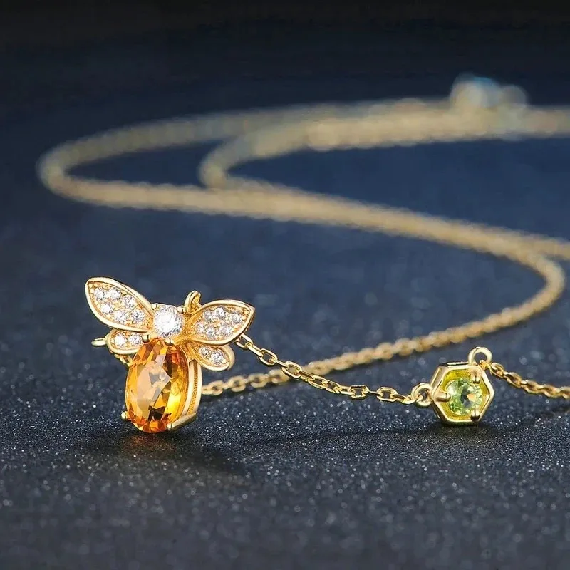YISON Bee 925 Sterling Silver Women's Necklace Natural Citrine Gemstone Necklaces 14K Gold Plated Chain Pendant Jewelry Gift view 3