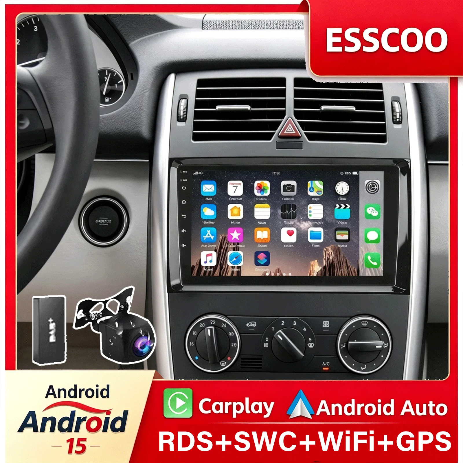 ESSGOO 9 pollici 4GB+64GB Android 15 per Mercedes-Benz Vito 2 W639 Viano 2 W639 2003 2005 - 2015 Autoradio WiFi Carplay Lettore multimediale GPS Video Autoradio Adattatore DAB+ Telecamera Bluetooth
