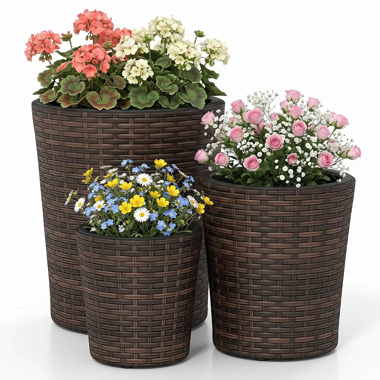Set of 3 Plastic Planters, 14 & 11 & 9 Inch Taper Rattan Planters with Drainage Holes and Saucers, Indoor Outdoor, Customized