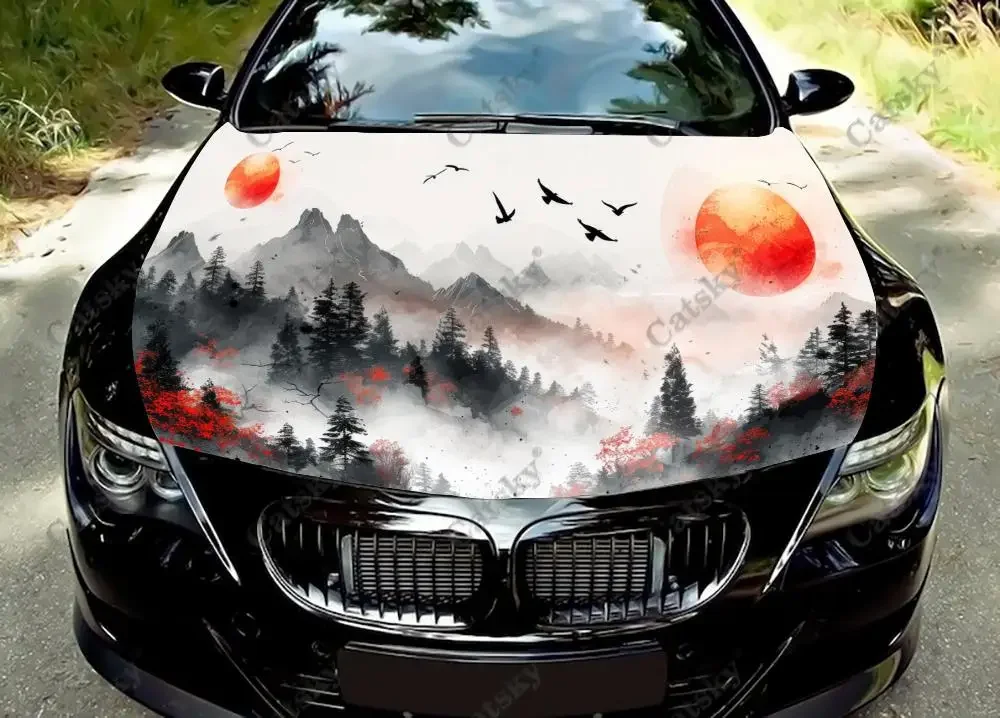 Chinese Red Ink Landscape Car Hood Vinyl Stickers Wrap Vinyl Film Engine Cover Decals Sticker Universal Car Hood Protective Film