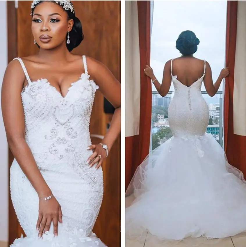 Spaghetti Mermaid Wedding Dresses Full Lace Applique Open Back PLus Size African Chapel Train Bridal Gowns Unisex Vogue Winter