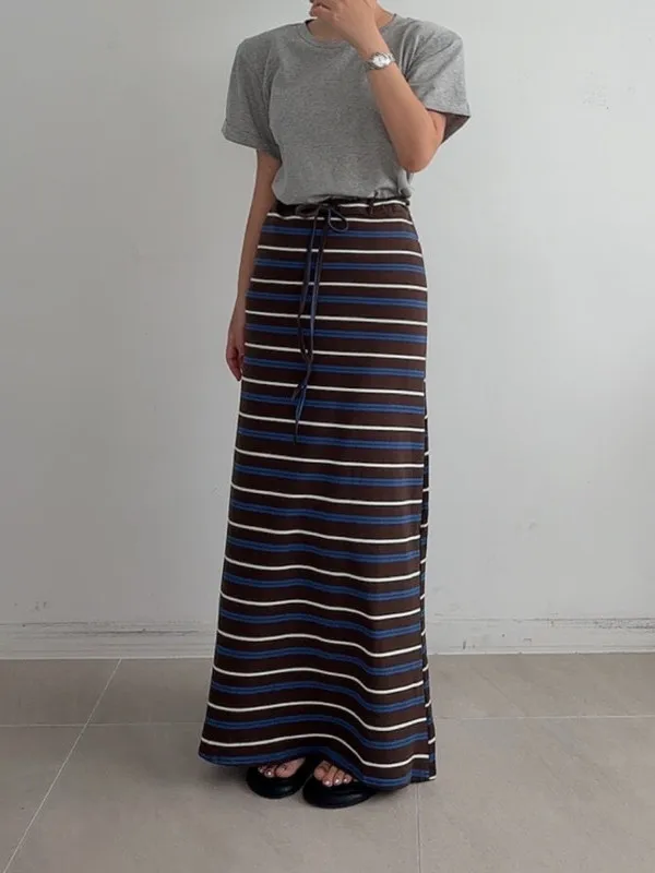 

Faionable High Waist Knitted f Skirt Women's Autumn New Sle Slimming Stripe Dstring Commute Stand Fit Princ S...