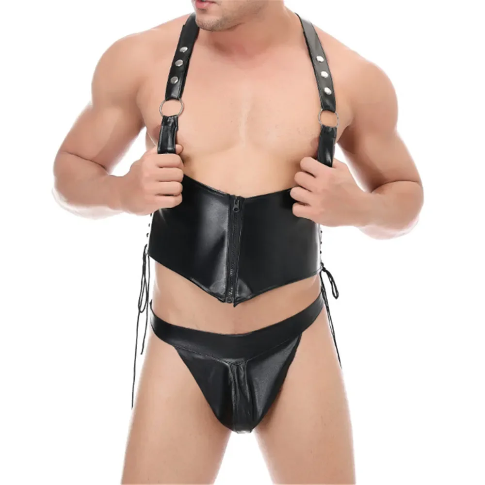 

Эротический мужской комплект из черной искусственной кожи: сексуальный топ-боди и кожаные стринги, костюм для косплея, эротическая одежда для ночного клуба