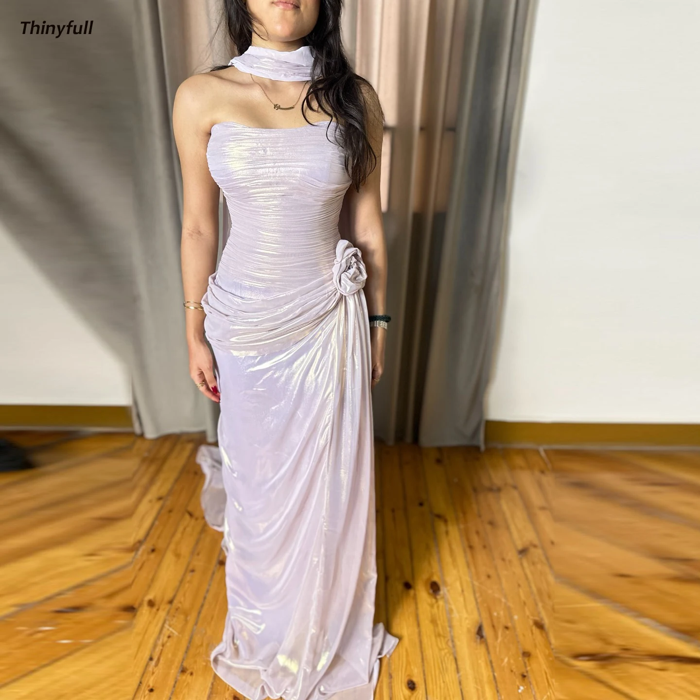 

Thinyfull Mermaid Arab Prom Dresses Strapless Sleeveless Pleated Evening Party Gown Long Dress robes de soirée Customized