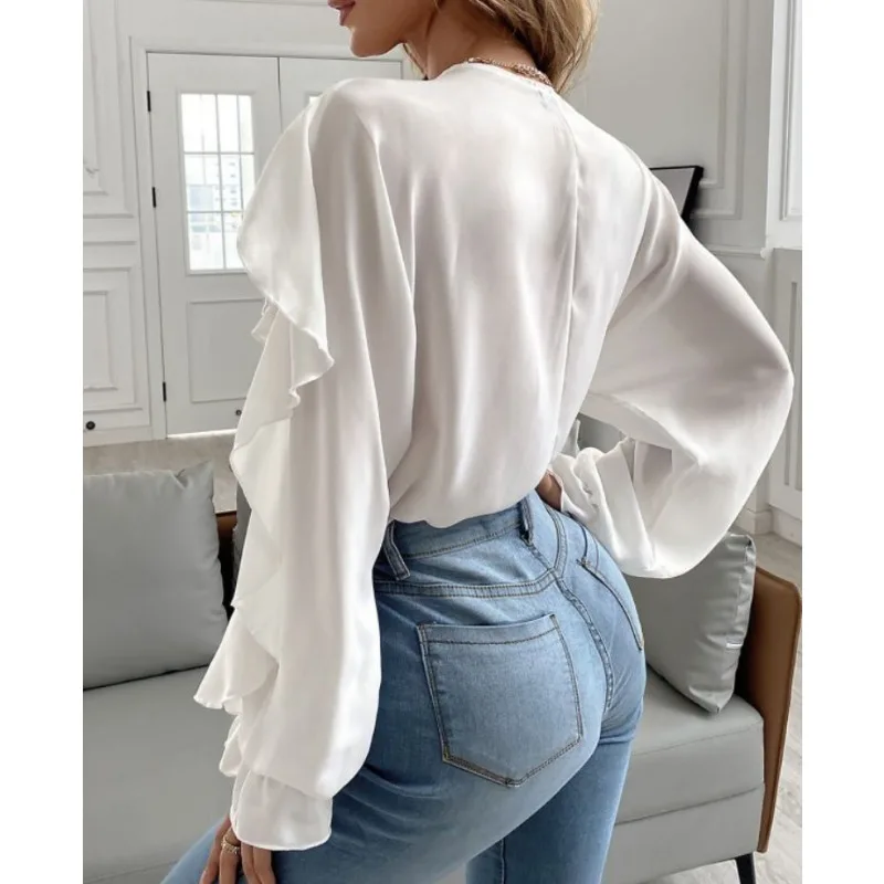 New Arrivals Temperament Design Sense Spring Summer Women\'s Clothing Solid Color V-neck Flounce Top Shirt Long Sleeve