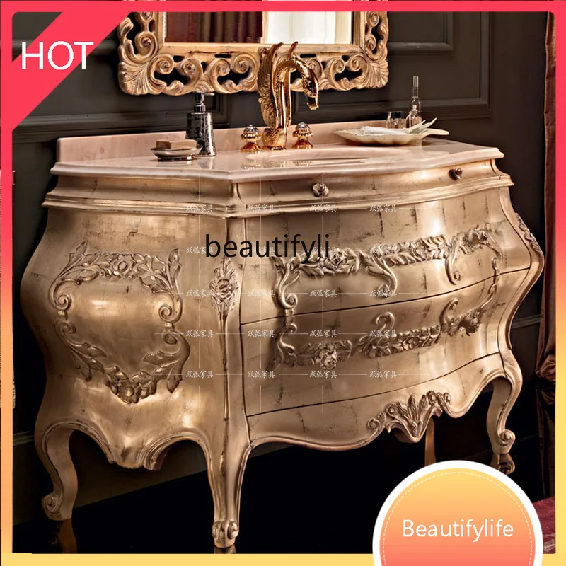 M45   Washstand High-End Wood Carved Light Luxury Bathroom Cabinet Luxury European Marble Single Basin Bathroom Cabinet
